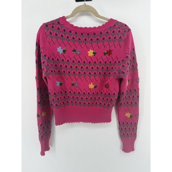 ZARA Womens Crop Cardigan Sweater Medium Pink Floral Cotton Cottagecore Repair - Picture 7 of 14